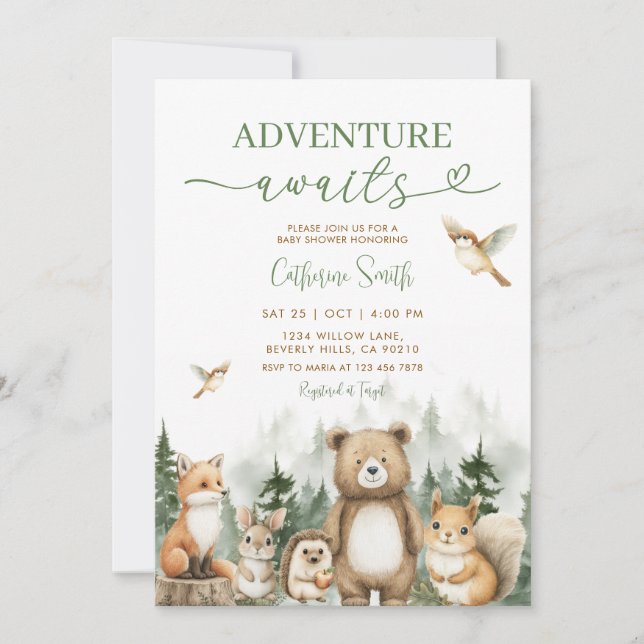 Adventure Awaits Animal Woodland Tree Baby Shower Inbjudningar (Framsida)
