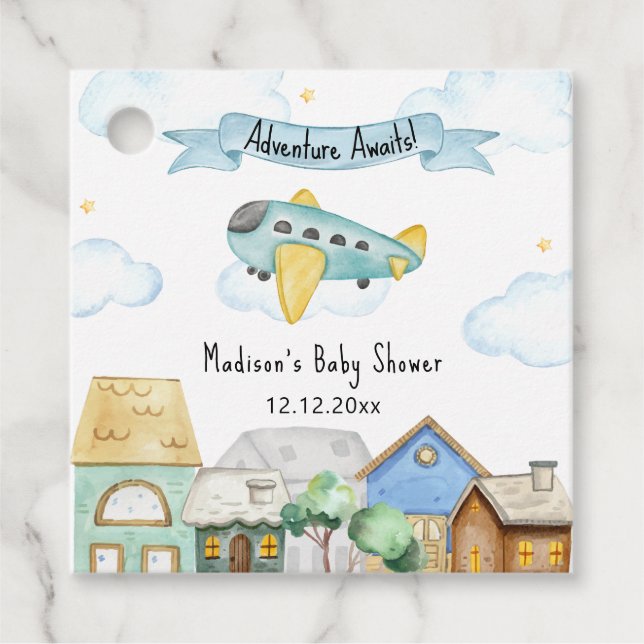 Adventure Awaits Aviator Airplane Baby Shower  Gåvor Etiketter (Framsida)
