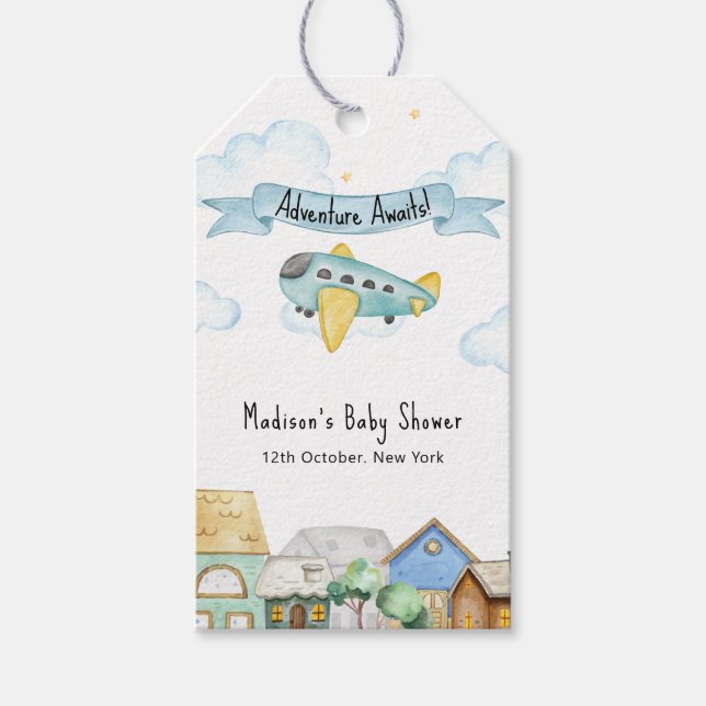 Adventure Awaits Aviator Airplane Baby Shower  Presentetikett (Framsidan)