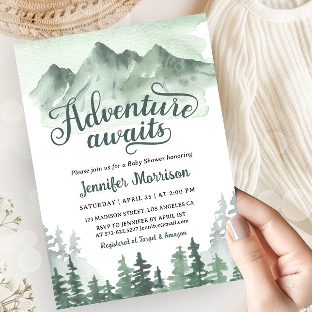 Adventure Awaits Baby Shower Rustic Green Mountain Inbjudningar (Skapare uppladdad)
