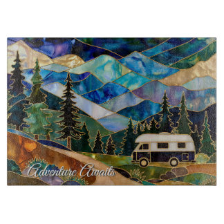 Adventure Awaits Camper Glass Cutting Board