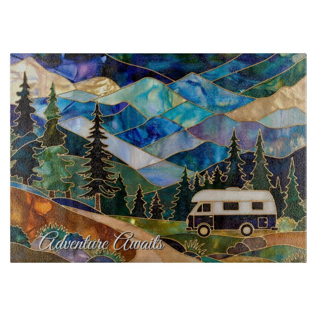 Adventure Awaits Camper Glass Cutting Board (Framsidan)