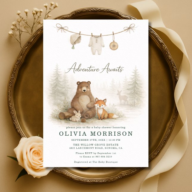 Adventure Awaits Clothesline Woodland Baby Shower Inbjudningar (Skapare uppladdad)