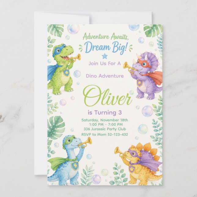 Adventure Awaits Dream Big Dinosaur Birthday Inbjudningar (Framsida)
