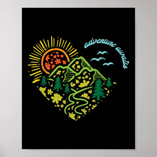 Adventure Awaits Mountains Sun Camping Hiking Wome Poster (Framsidan)