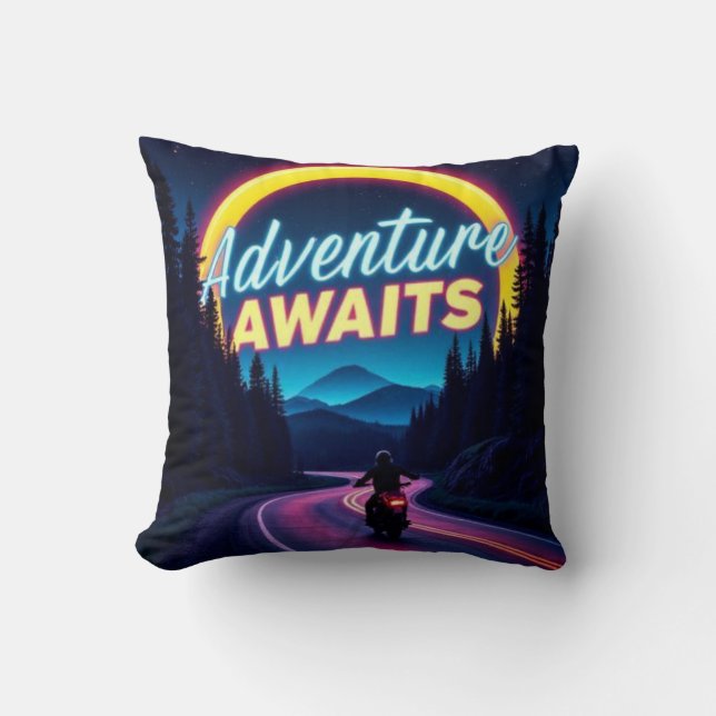 Adventure Awaits Neon Motorcycle Throw Pillow Kudde (Framsida)