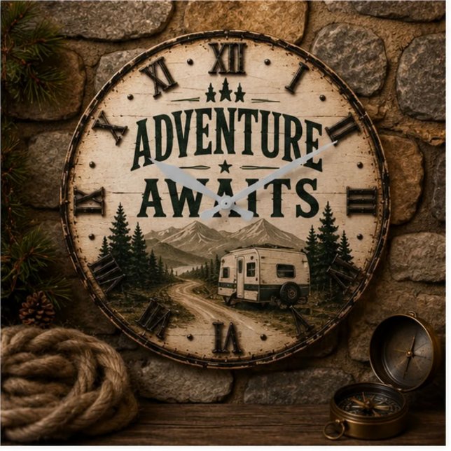 Adventure Awaits Rustic Camper Camping Mountain Stor Klocka (Skapare uppladdad)