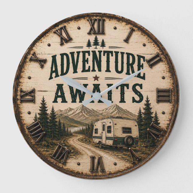 Adventure Awaits Rustic Camper Camping Mountain Stor Klocka (Framsida)