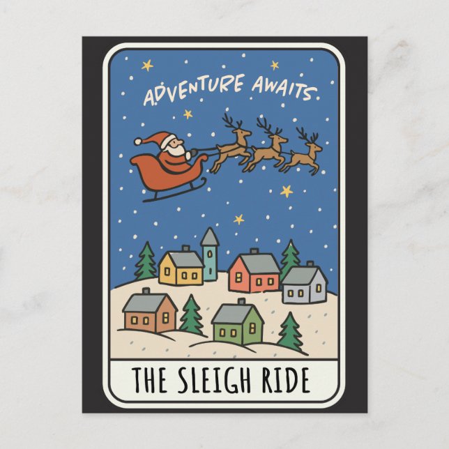 Adventure Awaits Sleigh Ride Santa Christmas Helg Vykort (Framsida)