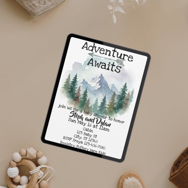 Adventure Awaits, Watercolor Woods Baby Shower Inbjudningar (Skapare uppladdad)