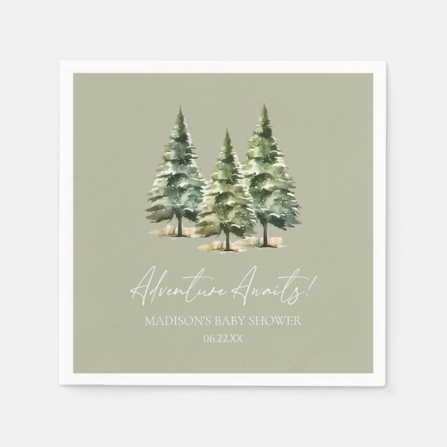 Adventure Awaits! Winter Pine Trees Baby Shower Pappersservett (Framsidan)