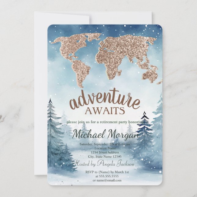 Adventure Awaits World Map Blue Forest Retirement Inbjudningar (Framsida)