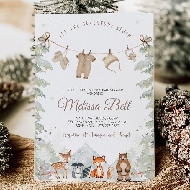 Adventure Begin Woodland Animals Baby Shower Inbjudningar (Adventure Begins" Woodland Animals Baby Shower Invitation with adorable woodland creatures like bear)