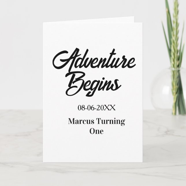Adventure begins 1st birthday name date simple min kort (Framsida)