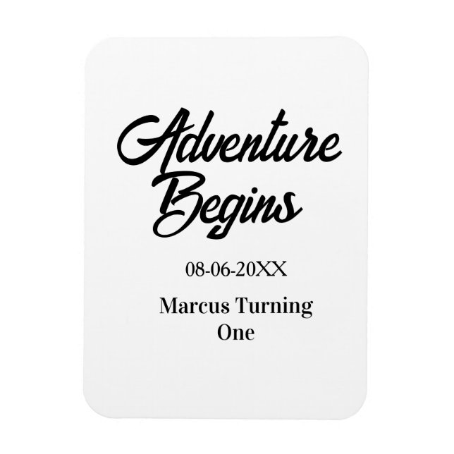 Adventure begins 1st birthday name date simple min magnet (Vertikal)