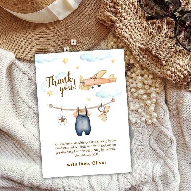 Adventure Clothesline Airplane Sky Baby Shower Tack Kort (Adventure Clothesline Airplane Sky Baby Shower Thank You Card)