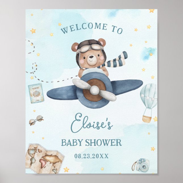 Adventure Cute Bear Blue Plane Boy Baby Shower Poster (Framsidan)