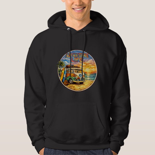 Adventure Life Retro Hippie Beach Sunset Graphic Hoodie (Framsida)
