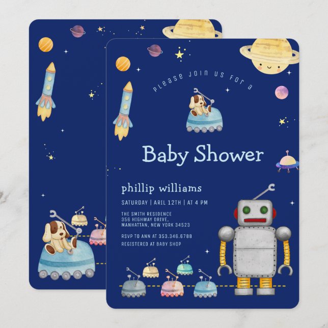 Adventure Toy Robot Boy Outer Space Baby Shower Inbjudningar (Fram/baksida)