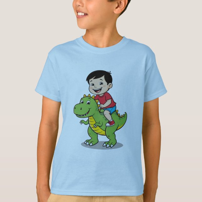 Adventurous Boy Riding Dinosaur T-Shirt (Framsida)