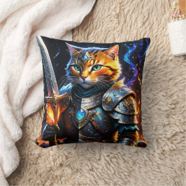 Adventurous Cat Knight Holding a Sword Kudde