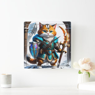 Adventurous Cat Warrior in Magic Armor Fyrkantig Klocka