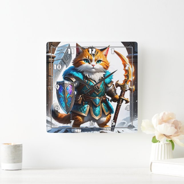 Adventurous Cat Warrior in Magic Armor Fyrkantig Klocka (Hem)