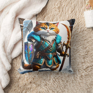Adventurous Cat Warrior in Magic Armor Kudde