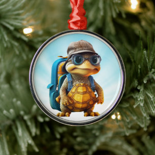 Adventurous Cute Little Turtle med ryggsäck, Julgransprydnad Metall