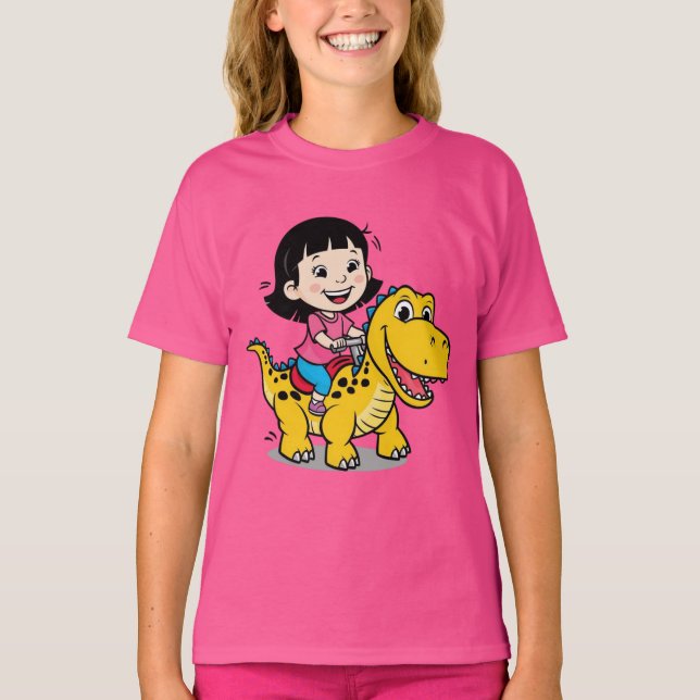 Adventurous Girl Riding Dinosaur T-Shirt (Framsida)
