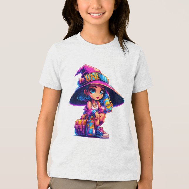 Adventurous Little Witch – Colorful Magic Travel  T Shirt (Framsida)