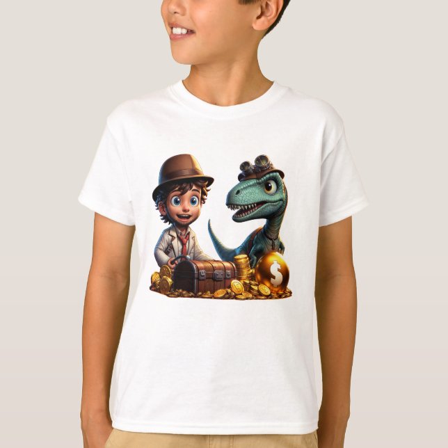 "Adventurous T-Rex och Boy Treasure Hunters" T Shirt (Framsida)