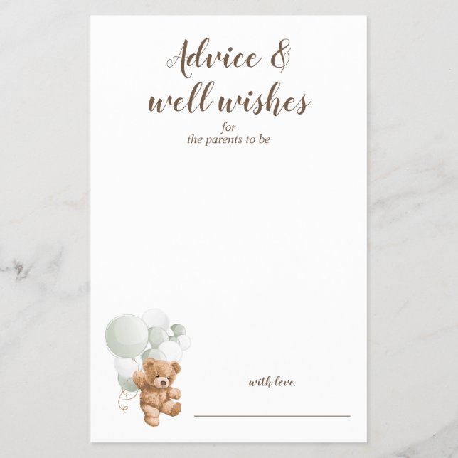 Advice och Önskemål Sage Nalle Baby Shower Flygblad (Framsidan)