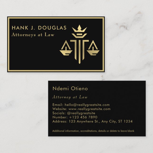 Advokat vid Law Guld  Black Lawyer Business Visitkort (Fram/baksida)