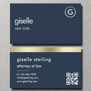 Advokat vid Law Navy Blue QR Code Guld Monogram Visitkort