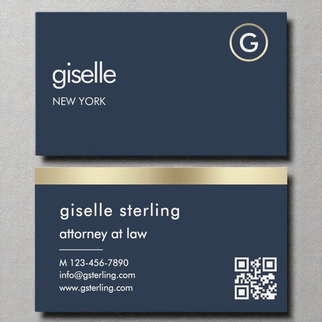 Advokat vid Law Navy Blue QR Code Guld Monogram Visitkort (Skapare uppladdad)
