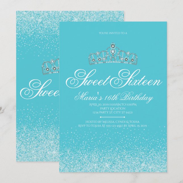 Adworthy Aqua Glitter, Sweet 16 inbjudningar (Fram/baksida)