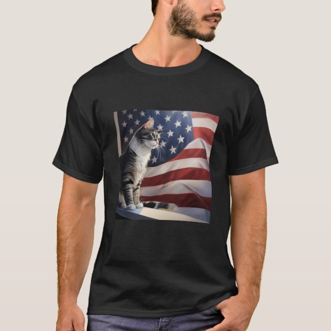 Aegean-katt framför amerikanska flagga t shirt (Framsida)