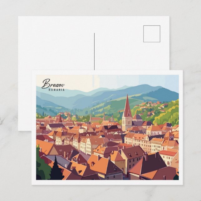 Aerial View Brasov Rumänien Art Travel Vykort (Fram/baksida)