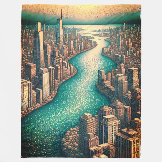 "Aerial View: Cityscape with Vind-Rippled River" Fleecefilt (Framsidan)