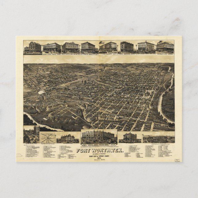 Aerial View Fort Worth Tarrant County Texas (1886) Vykort (Framsida)