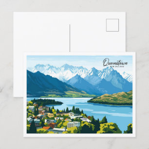 Aerial View Queenstown New Zealand Illustration Vykort