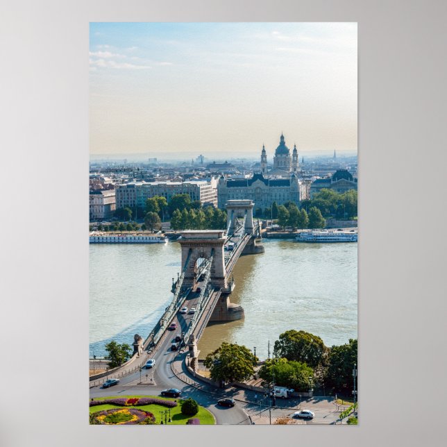 Aerivy över kedjebrygga - Budapest, Ungern Poster (Framsidan)