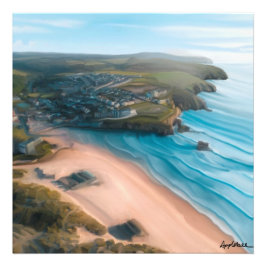 Aervy över Cornish strand- och stadskärning Fototryck