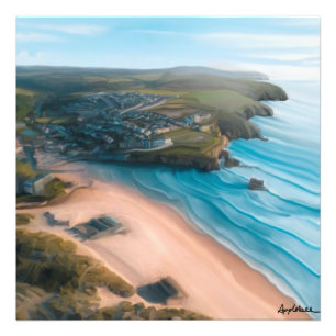 Aervy över Cornish strand- och stadskärning Fototryck