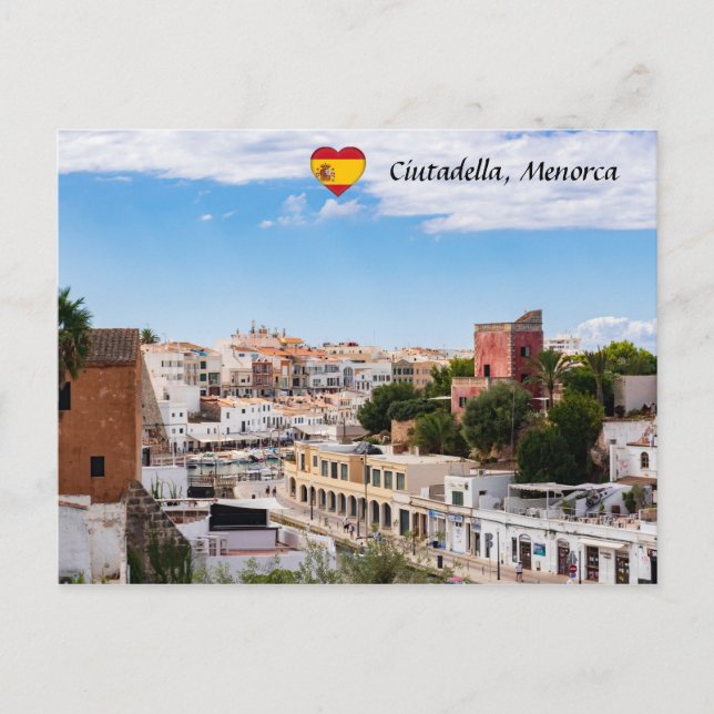 Aervy över hamnen och staden Ciutadella - Menorca Vykort (Framsida)