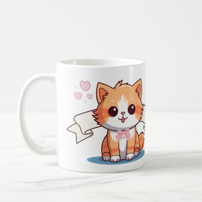 Aestesisk Ribbon Cute Orange Rosa Älskare Cat Kaffemugg (Vänster)
