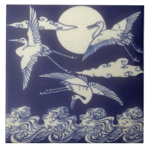 Aestesiskt japanskt antique Repro Tile 3 Cranes Kakelplatta