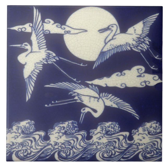 Aestesiskt japanskt antique Repro Tile 3 Cranes Kakelplatta (Framsidan)