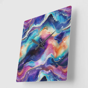 Aestetiskt färgat regnbåge glitter agate fyrkantig klocka